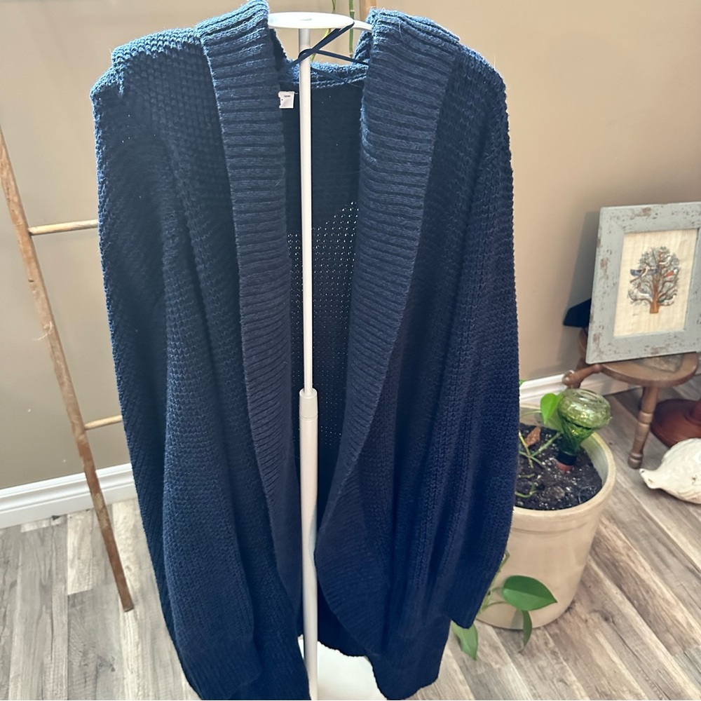 “In Every Story” Navy Open Front Hooded Cardigan